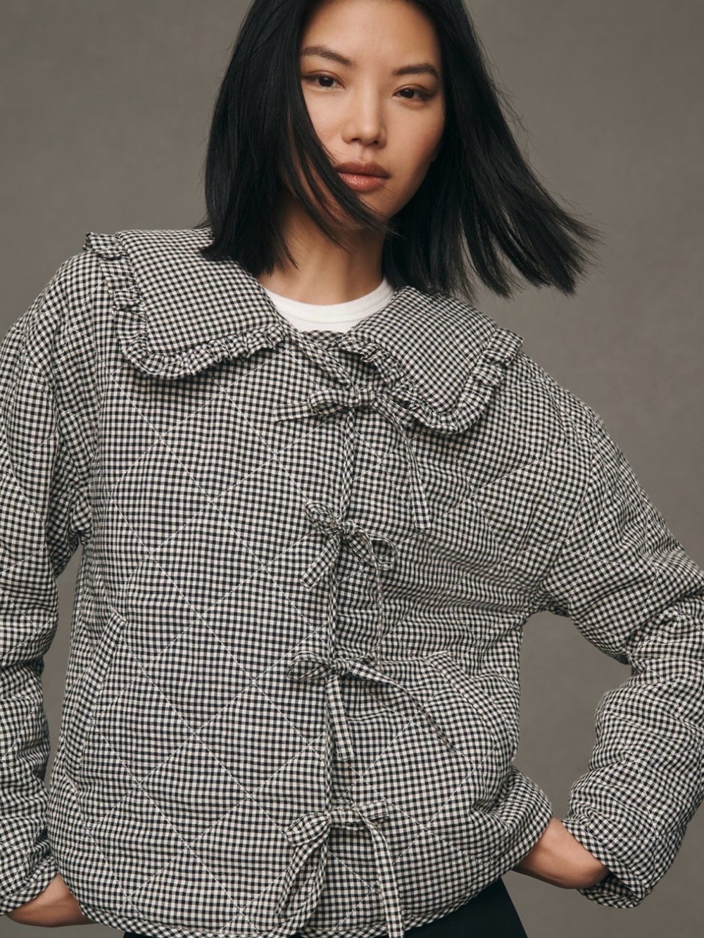 Maeve Black & White Gingham Quilted Tie-Front Jacket - Picture 1 of 6
